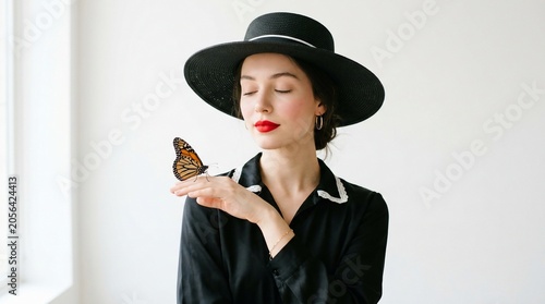 Woman holding monarch butterfly on hand with black hat