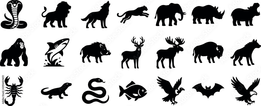 Fototapeta premium Animal silhouette icons set. Contain icons related to cobra, lion, wolf, elephant and more. Editable stroke. Vector illustration