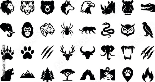 Wildlife and nature icons set. Contain icons related to lion, tiger, bear, wolf and more. Editable stroke. Vector illustration