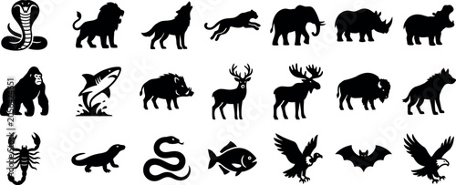 Animal silhouette icons set. Contain icons related to cobra, lion, wolf, elephant and more. Editable stroke. Vector illustration