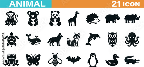 Animal icons set. Contain icons related to monkey, panda, giraffe, dolphin and more. Editable stroke. Vector illustration