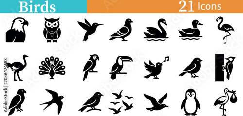 Avian wildlife icons bundle. Showcasing parrot, peacock, penguin, stork and more. Vector design for creative projects.