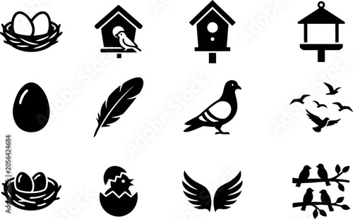 Birdlife and habitat icons set. Featuring nests, birdhouses, feathers, pigeons and more. Vector silhouettes for creative use.