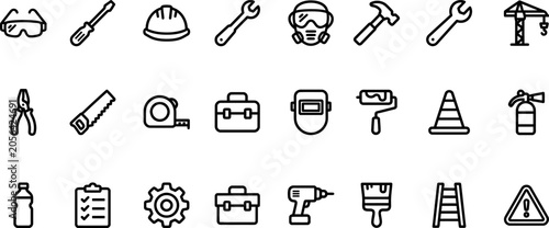 Construction tools and safety equipment icons. Featuring hard hat, hammer, wrench, saw and more. Vector line illustration for industrial design
