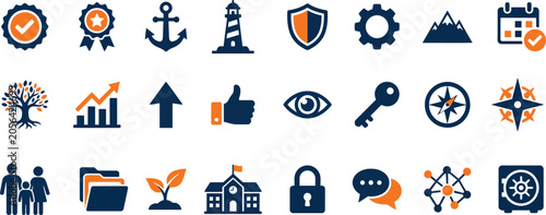 Business, security and navigation icons pack. Includes award, anchor, lighthouse, shield and more. Flat vector illustration for modern design.