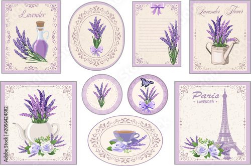 Collection of postcards with lavender flowers.Vector set of gorgeous retro postcards with lavender flowers.