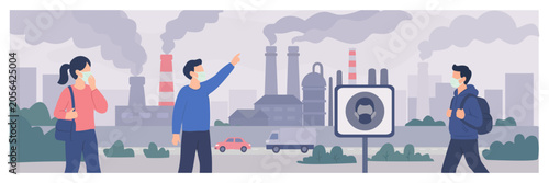 Illustration depicting people observing industrial pollution and poor air quality. Highlights environmental concerns and the importance of pollution reduction.