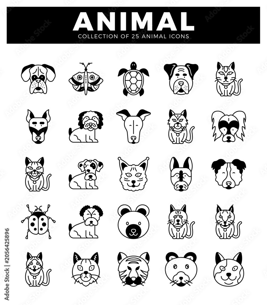 Fototapeta premium animal icons with diverse pet and insect designs on a white background. Set of line art. illustrative animal faces and full body figures with clean design.