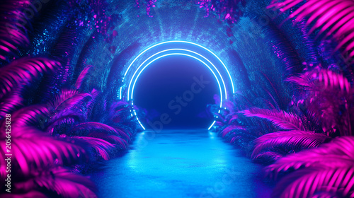 Futuristic neon glowing tunnel with tropical palm leaves