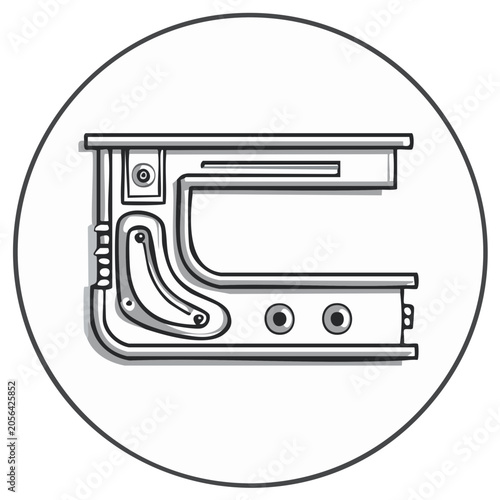 Stylized drawing of an industrial machine part with gears and bolts in a circle