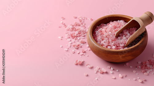 Pink Himalayan salt in a wooden bowl with a wooden scoop on a soft pink background