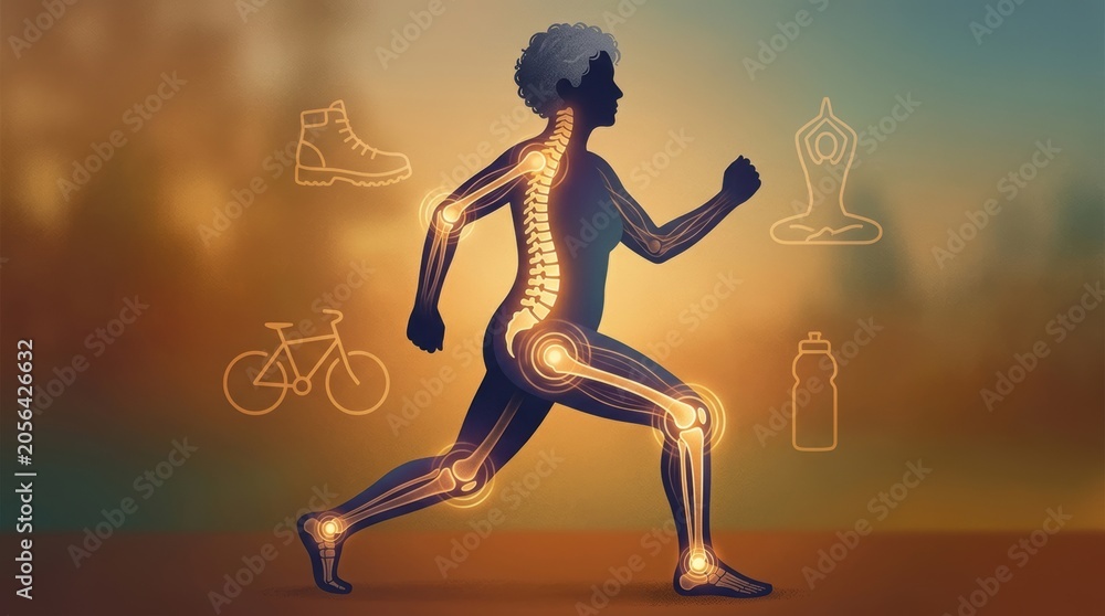Obraz premium Active senior woman's skeletal system highlighted during exercise and wellness activities