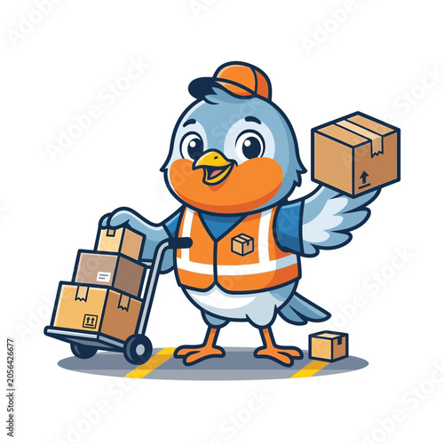 Cute Bird Courier Delivering Packages with Trolley - Cartoon Style