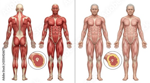 Human anatomy comparison showing muscular and aged bodies with cross-sections