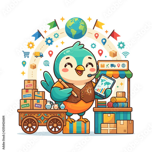 Cute Bird Delivering Packages Worldwide, Logistics and Shipping Concept