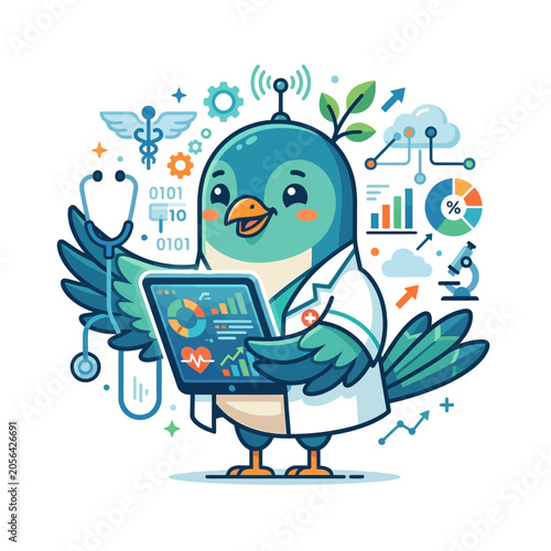 Cute Bird Doctor with Digital Health Tech and Data Analysis, Iconography
