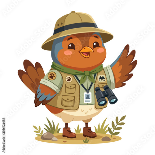 Cute Bird Explorer with Binoculars Wearing Safari Hat and Vest