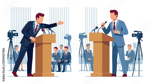 Two men in suits speaking at podiums with microphones during press conference with media cameras and audience in background.