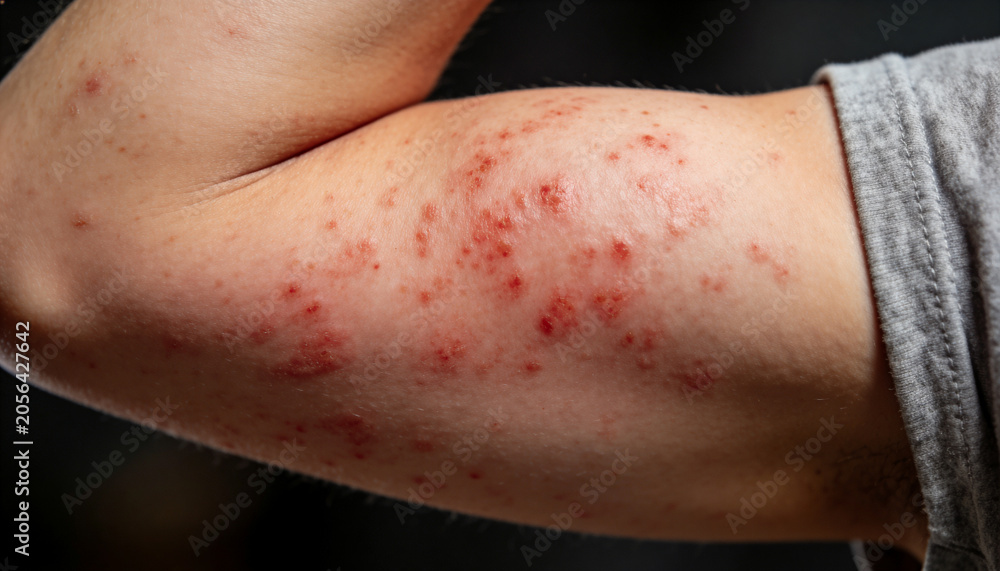 Naklejka premium Man with red rash on arm. Skin irritation and dermatological disease. Allergic reaction or dermatitis on human skin. Medical diagnosis and skincare concept for health treatment.