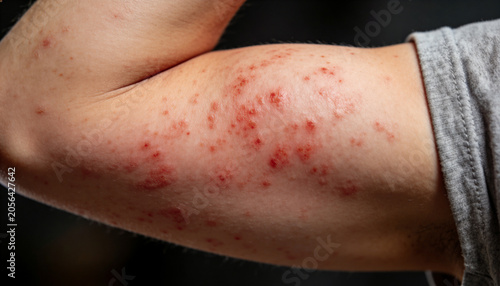 Man with red rash on arm. Skin irritation and dermatological disease. Allergic reaction or dermatitis on human skin. Medical diagnosis and skincare concept for health treatment.