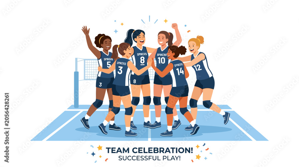 Fototapeta premium Diverse women's volleyball team celebrating victory on court