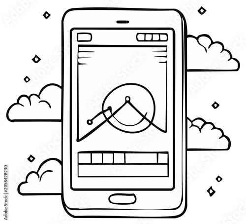 Mobile phone displaying data visualization with clouds and sparkles