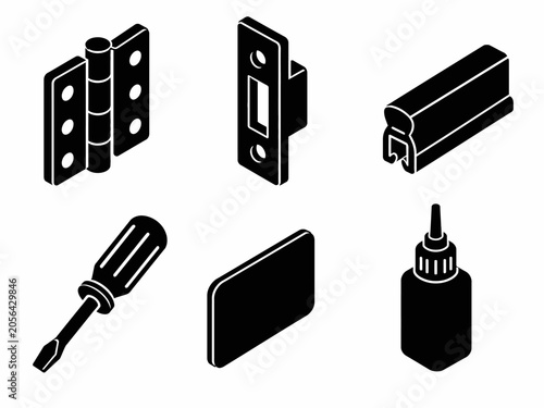 Door and Window Repair Hardware Black Icon Set