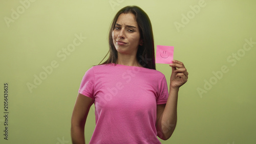 Canvastavla Young hispanic woman frowning while holding pink sticky note with smiley in studio with pale green wall; discomfort