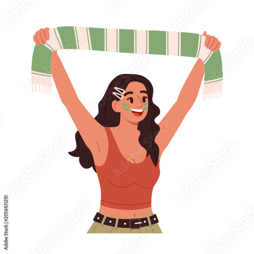 Female Football Fan Holding Team Scarf. Flat Vector Illustration.