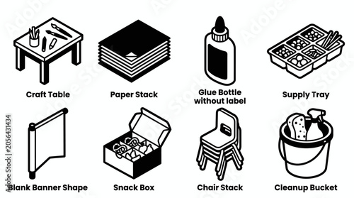 Assorted craft supplies and furniture icons in black and white