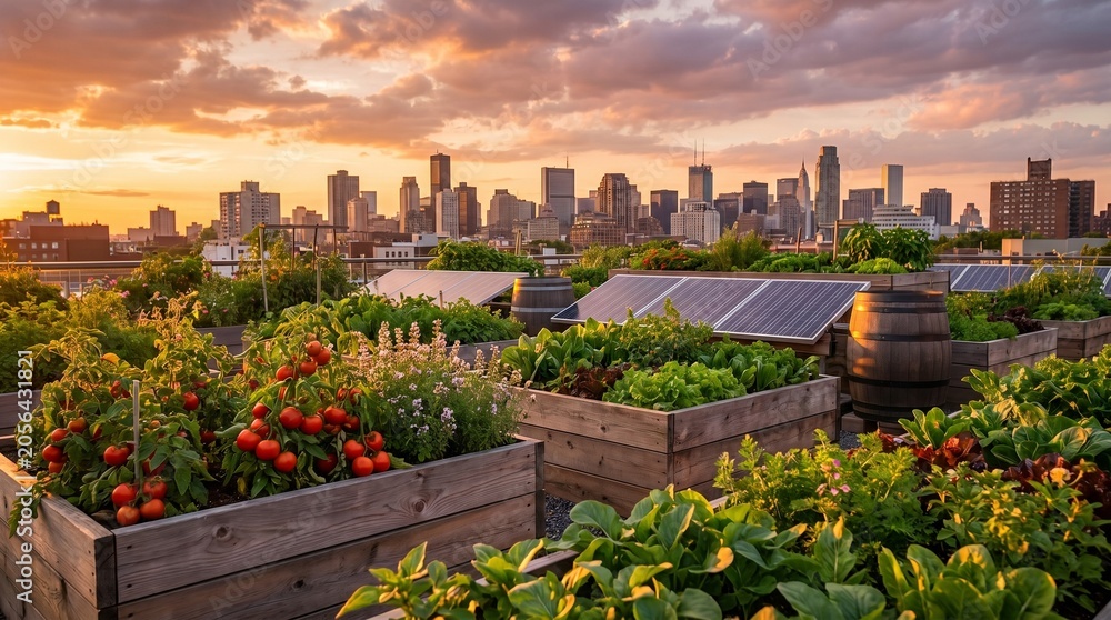 Fototapeta premium Rooftop Organic Vegetable Garden with Solar Panels and Water Barrels in City at Sunset