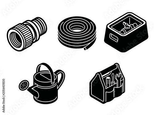 Gardening tools: hose, nozzle, watering can, tool box, sprinkler