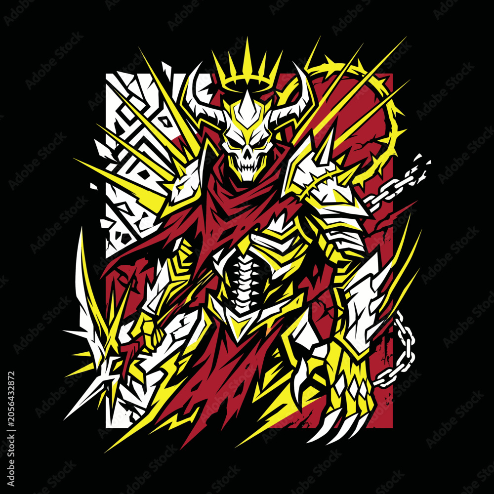 Fototapeta premium A formidable skeletal warrior in ornate armor and a red cape