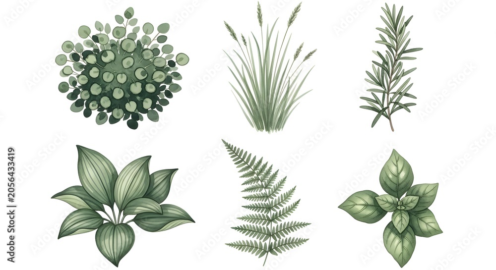 Naklejka premium Watercolor Green Botanical Plant Collection Set with Eucalyptus Grass Rosemary Fern Hosta and Basil on White Background