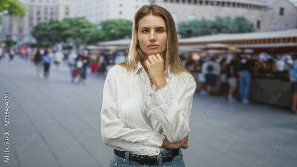 Fototapeta premium Woman with hand on chin and folded arm wearing white shirt in a crowded street market near stalls and buildings; quiet contemplation.