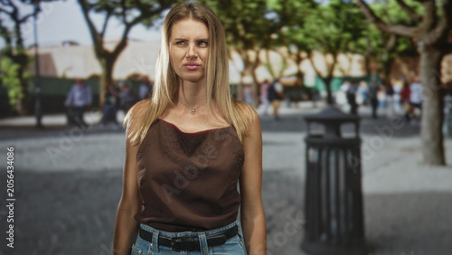 Fényképezés Blonde woman with wrinkled nose making a disgusted face beside a street trashcan, wearing brown camisole and jeans belt, head slightly turned right; disgust