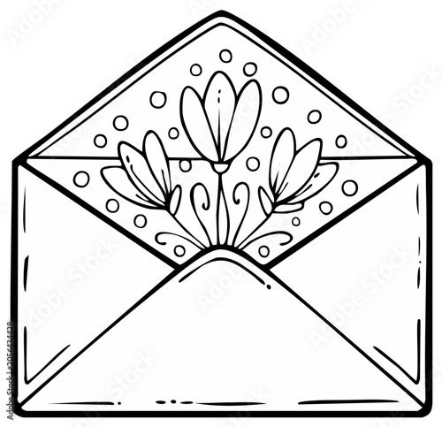 Open Envelope with Floral Design Black and White Illustration