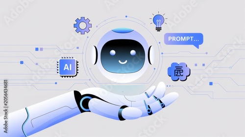 Friendly Ai Robot Holding Prompt Button In Futuristic Digital Workspace