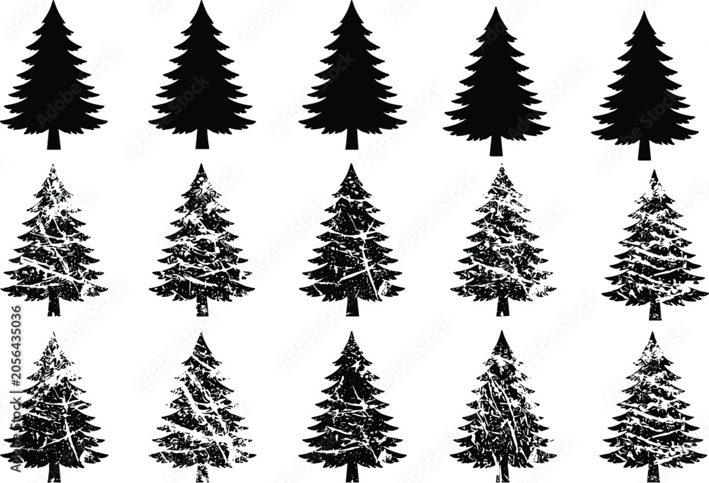 Fototapeta premium Set of pine tree silhouettes and snow-covered fir trees showing winter forest design variations for seasonal illustration use