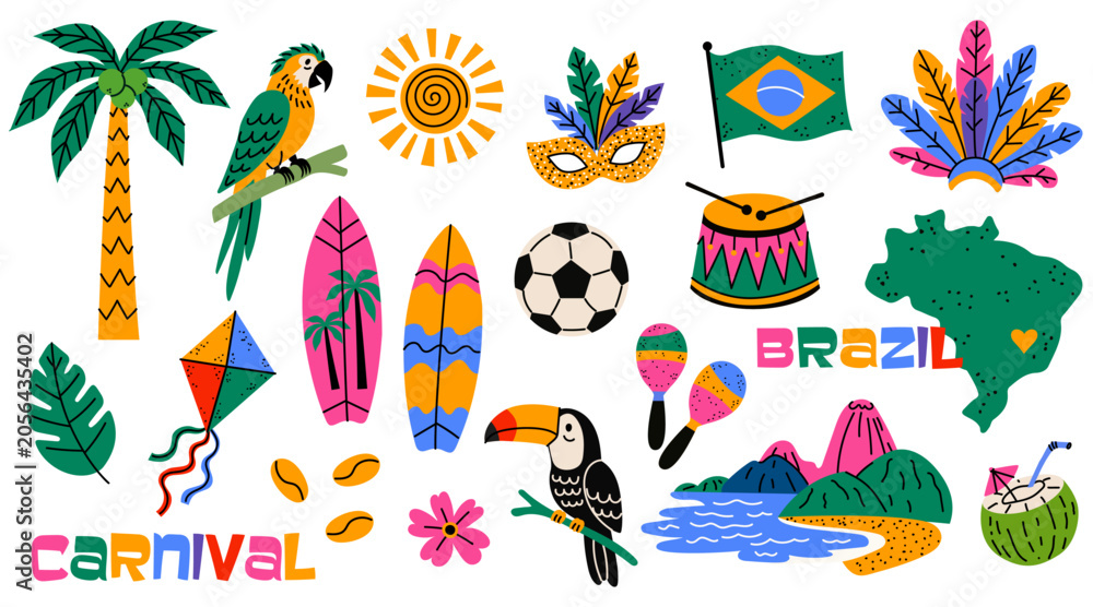 Naklejka premium Flat vector collection of Brazil travel and cultural symbols. Colorful Brazilian icons featuring carnival mask, parrot, toucan, surfboard, flag, football, tropical plants and famous landmarks 