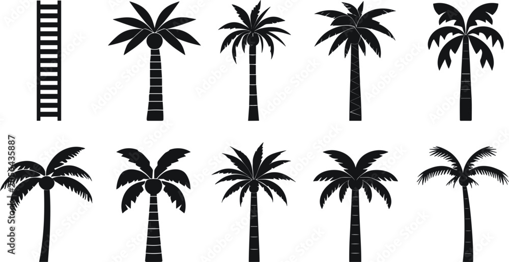 Fototapeta premium Palm Tree Silhouette Vector Icon Set with Tropical Coconut Trees and Ladder Elements for Summer Beach Vacation and Nature Graphic Designs