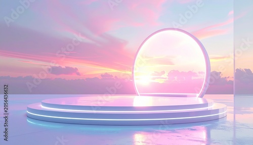 Futuristic holographic stage illuminated by sunrise inspired pastel light with glowing reflections, dreamy 3D product display podium background for fresh morning themed advertising