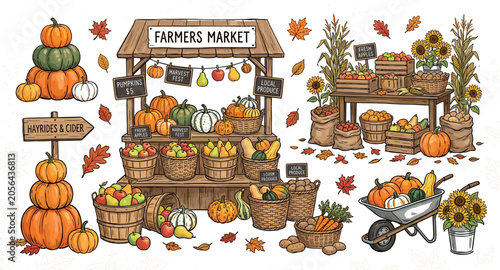 Obraz na plátně Autumn Farmers Market Wooden Stall Vector Set with Pumpkin Stacks Harvest Basket