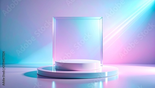 Pastel holographic product podium with soft pink and blue gradients and transparent glass frame, dreamy 3D display stage background for beauty product presentation