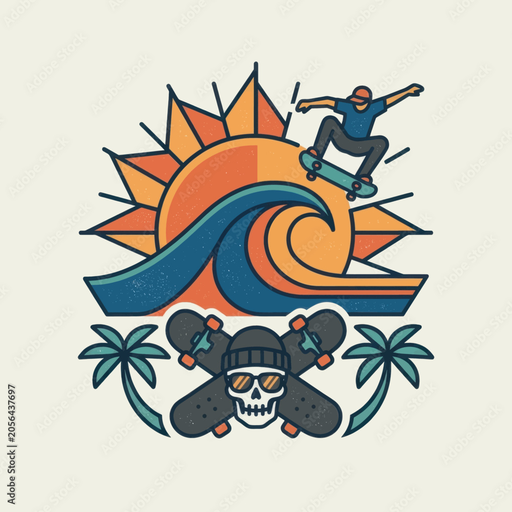 Fototapeta premium Retro skateboarder jumps over a wave with sun and skull graphic