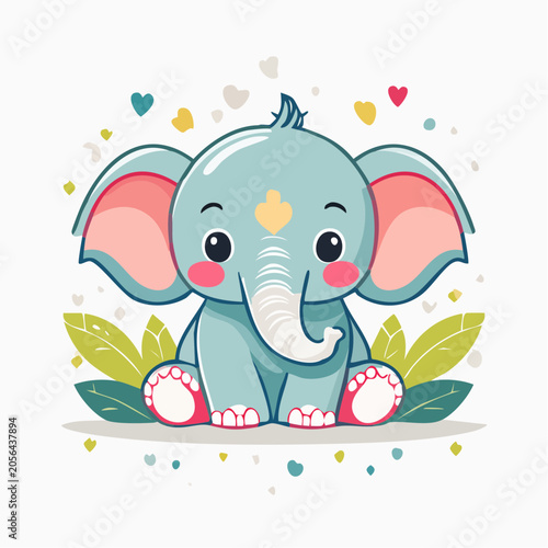 Cute cartoon baby elephant with hearts and leaves