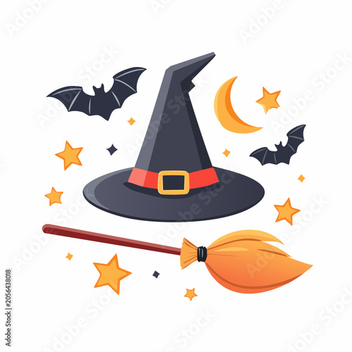 Halloween Witch Hat and Broomstick with Bats and Moon