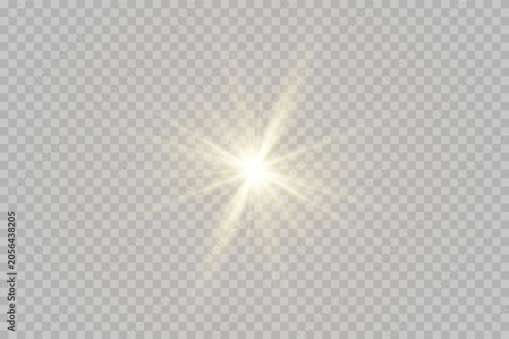 Fototapeta premium Bright yellow sun rays light glow starburst effect. Sunlight vector with sparkle effect and stadium spotlight flare. Abstract light transitions isolated on transparent background vector illustration.