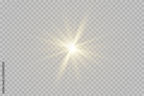 Bright yellow sun rays light glow starburst effect. Sunlight vector with sparkle effect and stadium spotlight flare. Abstract light transitions isolated on transparent background vector illustration.