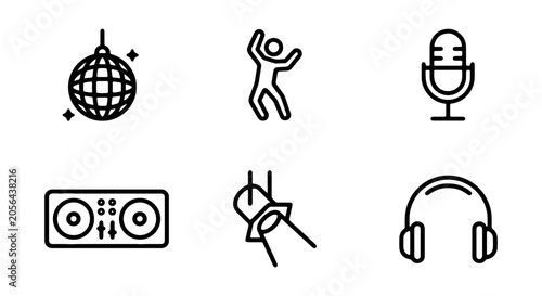 Fotografie Music Icons Set: Disco Ball, Dancer, Microphone, DJ Deck, Spotlight, Headphones,